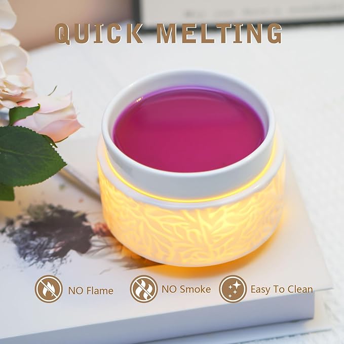 ElusiaKa Electric Wax Melt Warmer with Warm Light, 3-in-1 Ceramic Candle Warmer Large Dish Scented Wax Melter Essential Oil Burner for Home Aromatherapy, White