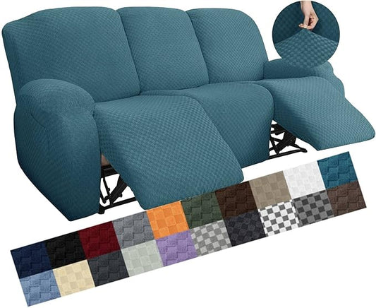 YEMYHOM 8 Pieces Stretch Recliner Sofa Cover Latest Jacquard Reclining Couch Cover with Side Pocket Anti-Slip Fitted 3 Cushion Furniture Slipcovers with Elastic Bottom (Recliner Sofa, Peacock Blue)