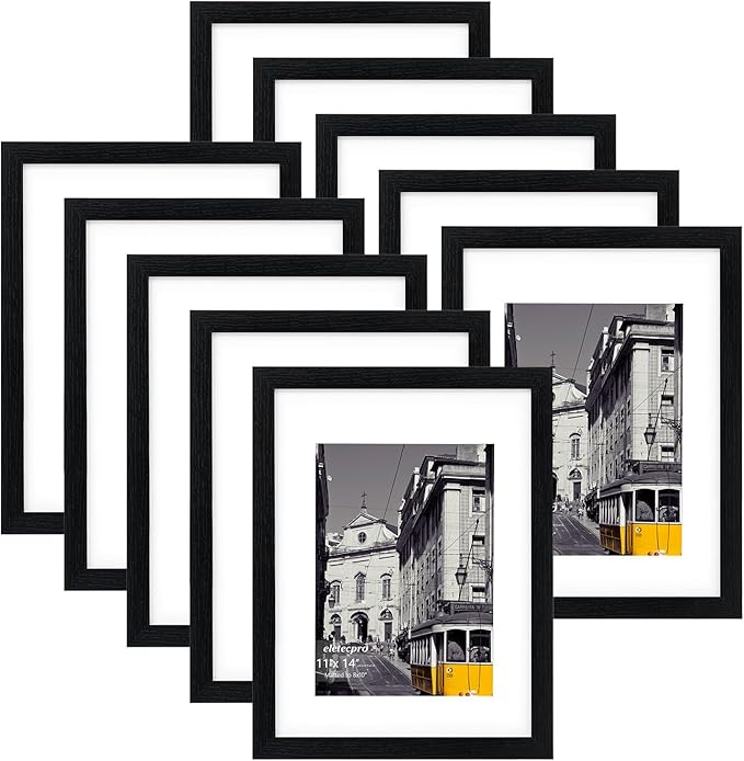 eletecpro 11x14 Picture Frames Set of 10 with Clear Acrylic Cover, Gallery Wall Decor, Displays 8x10 Photos with Mat or 11x14 Without, Horizontal or Vertical Wall Mount, Black