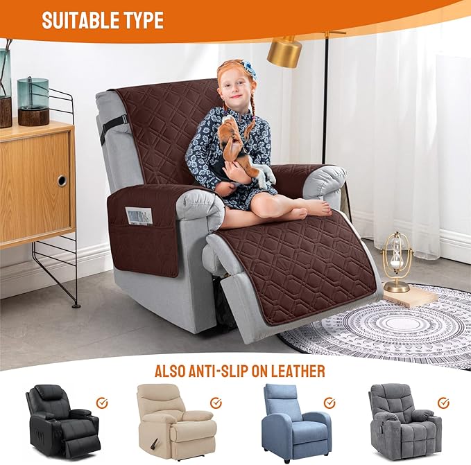 VANSOFY 100% Waterproof Recliner Chair Covers, Recliner Cover Non-Slip Dog Chair Cover Furniture Protector Washable Slipcover with Pocket, Elastic Straps for Pets, Dogs(Coffee, 23.6")