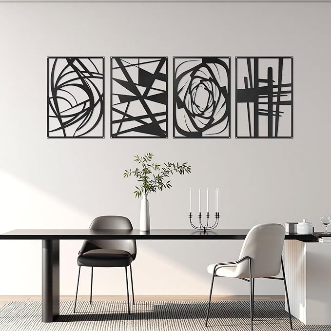 4 Pieces Black Abstract Metal Wall Art, Modern Minimalist Matte Wall Decor, 3D Textured Wall Sculptures, Black and White Wall Art for Living Room Bedroom Bathroom Study Office (15.7 x 10.6inch) (Abstract)