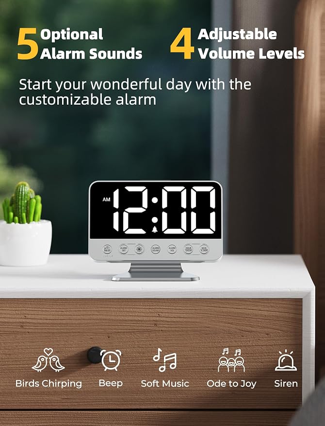 Odokee Digital Alarm Clocks for Bedrooms: Easy to Read Across The Room | Large Bold Number 5 Brightness Dimmer - 8 Night Light 5 Sound - Loud Alarm for Heavy Sleepers with Adjustable Volume - Silver - Image 3