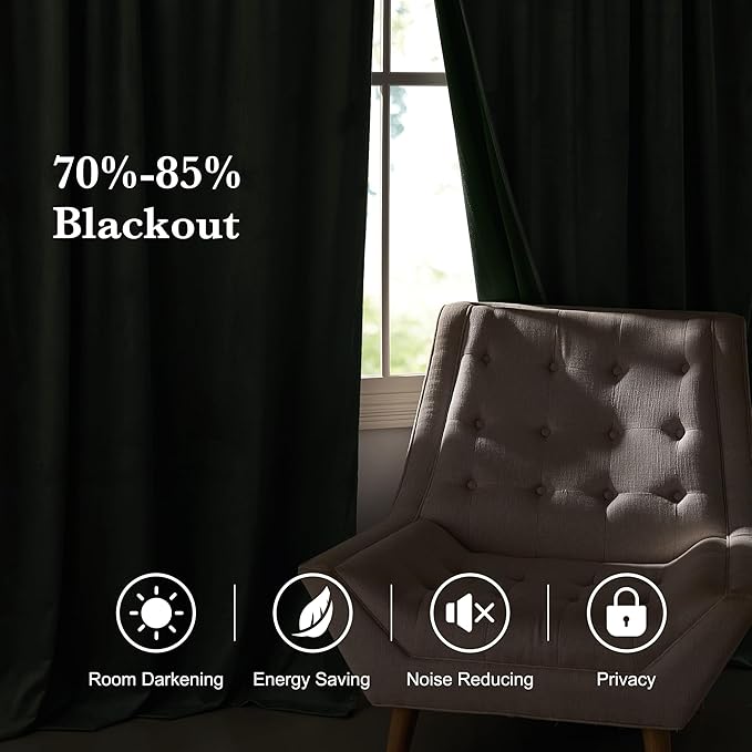 RYB HOME Elegant Green Velvet Curtains 96 inches Long, Light Blocking, Thermal Insulated, Stylish Velvet Drapes with Hook Belt for Cozy Home Aesthetics, 62" W x L96 L, 2 Panels Set