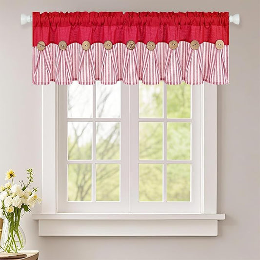 ASPMIZ Farmhouse Cotton Linen Valances for Windows, Boho Kitchen Curtains Valances with Rustic Button, Red Striped Window Treatments Curtain Valance for Bathroom Cafe, 60 x 14 Inch, 1 Pannel