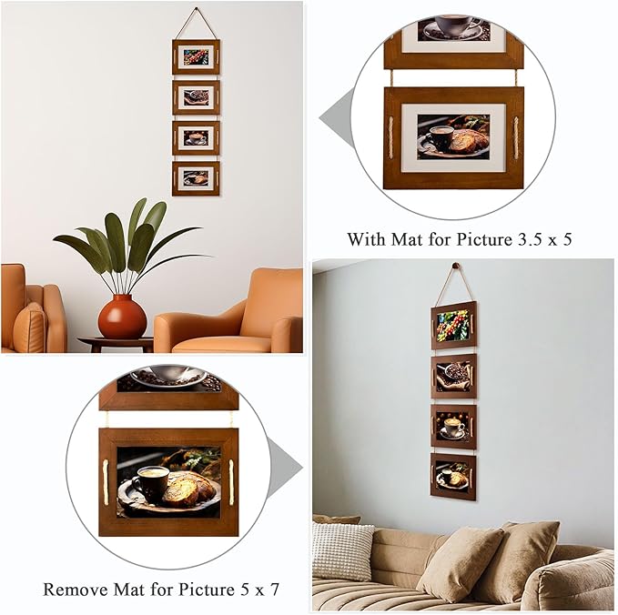 DLQuarts 5x7 Hanging Collage Picture Frames Wall Decor, 4-Opening 5x7 Matted to 3.5x5 Photo Rustic Wood Frame with Hemp Rope, 1 Pack, Dark Walnut