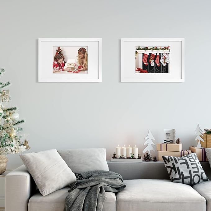 Egofine 12x18 Solid Wood Picture Frames Matted for 8.5x11 - Acrylic Plexiglass Front for Wall Mounting Hanging Picture Frame Vertically or Horizontally, White Set of 2