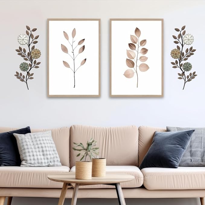 MorningRo 2 Pcs Metal Flower Leaves Wall Art Spring Wall Decor Living Room, 15.75 Inch Vintage Rustic Branch Leaf Wrought Iron Scroll Art Decor for Spring Bedroom Indoor Outdoor Decorations(Brown)