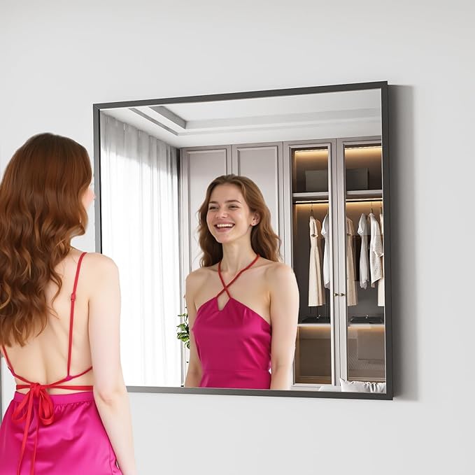 Koonmi Bathroom Mirror for Wall, 30"x30" Black Bathroom Mirror for Over Sink, Shatterproof Tempered Glass Vanity Mirror with Anti-Rust Aluminum Alloy Frame, Hang Horizontally or Vertically