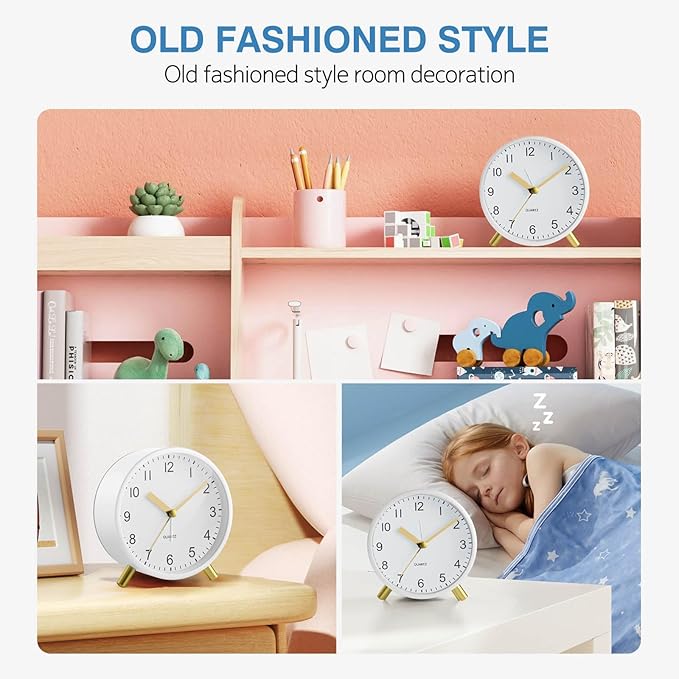 Analog Alarm Clock, Super Silent Non Ticking with Night Light, Battery Operated, Bedroom Clock,Fashionable Round Metal Alarm Clock for Office, Elderly, Adults, Children, School Gift