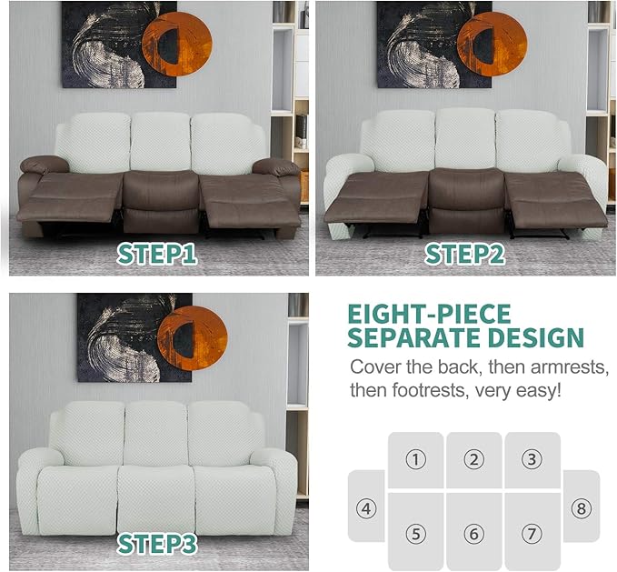 YEMYHOM 8 Pieces Stretch Recliner Sofa Cover Latest Jacquard Reclining Couch Cover with Side Pocket Anti-Slip Fitted 3 Cushion Furniture Slipcovers with Elastic Bottom (Sofa Recliner, Ivory)