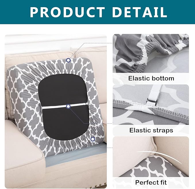 hyha Printed Couch Cushion Covers, Floral Sofa Covers Washable for 3 Cushion Couch, Stretch Pattern Outdoor Cushion Covers for Patio Furniture with Elastic Bottom(Large, Moroccan Light Gray)