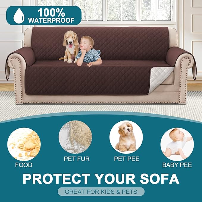 Turquoize 100% Waterproof Sofa Covers Couch Cover Sofa Cover for Dogs Couch Protector Triple Non-Slip Sofa Slipcover for 3 Cushion Couch Furniture Protector for Pets, Kids,Dog (XL Sofa 78", Brown)