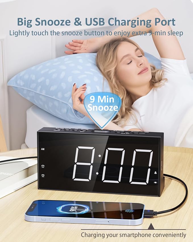 Alarm Clock for Heavy Sleepers with Bed Shaker, Vibrating Alarm Clock | Dual Alarms, USB Charger, 7.5" Large LED Display, 5 Dimmer, Snooze, 12/24H &DST, Plug in Clock with Memory Function - Image 5