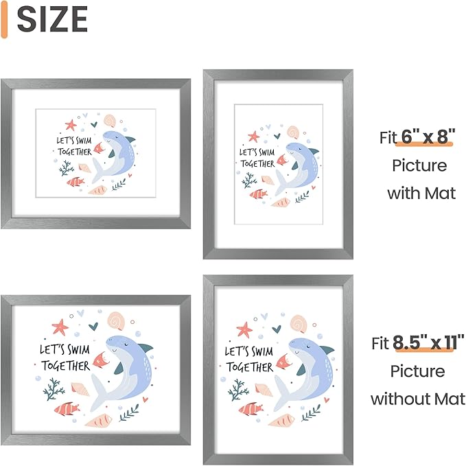 upsimples 8.5 By 11 Picture Frame, Display Pictures 6x8 with Mat or 8.5 x 11 Without, Wall Hanging Photo Frames, Metallic Gray, 1 Pack