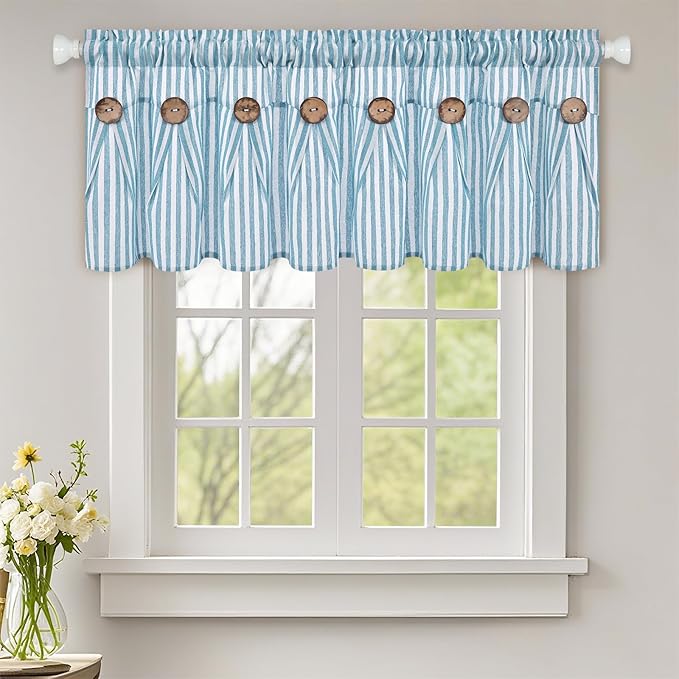 ASPMIZ Farmhouse Cotton Linen Valances for Windows, Blue Striped Kitchen Curtains Valances with Rustic Buttons, Boho Window Valance for Living Room, Valance Curtains for Bathroom, 52 x 18 Inches