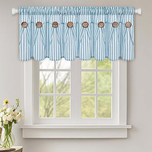 ASPMIZ Farmhouse Cotton Linen Valances for Windows, Blue Striped Kitchen Curtains Valances with Rustic Buttons, Boho Window Valance for Living Room, Valance Curtains for Bathroom, 52 x 18 Inches