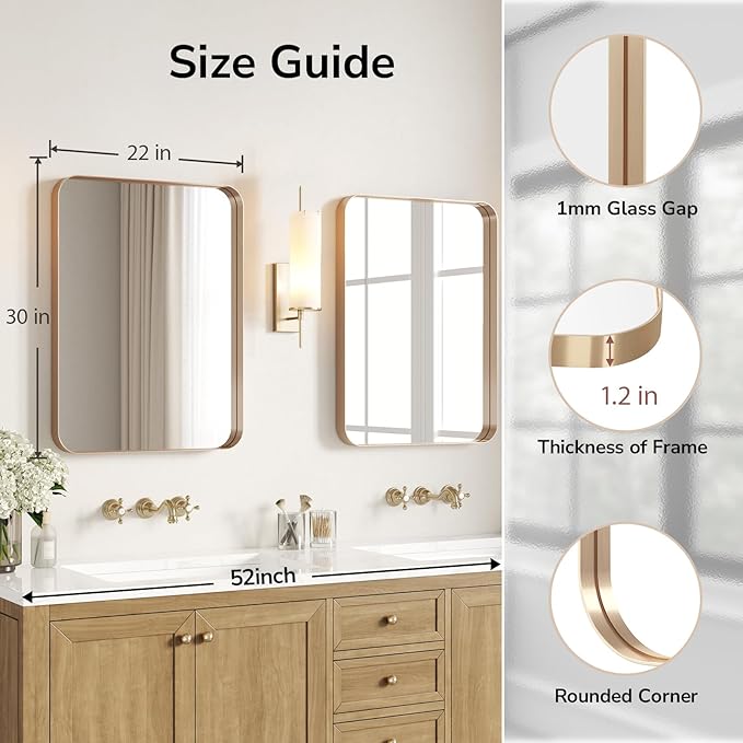 USHOWER Gold Bathroom Mirror 22"x30", Brushed Gold Rectangle Mirror for Over Sink, Aluminum Frame, Anti-Rust, Tempered Glass, Horizontal or Vertical Mounted, Champagne Gold (Neutral Gold)