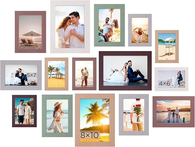 Funtopia 15 Pack Picture Frames, Gallery Wall Frame Set for Family, 8x10, 5x7, 4x6 Photo Frames Collage for Wall Hanging or Tabletop Display, 6 Colors