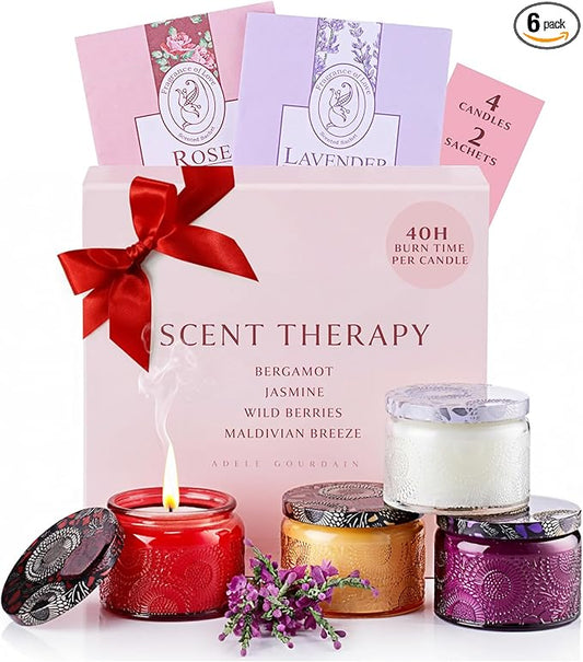 Aromatherapy Candle Set, 4 Candles and 2 Sachets Multicolor – Stress-Relief Scented Candles for Women, Spa Votives for Bath, Relaxation & Wellness Birthday Gift Idea
