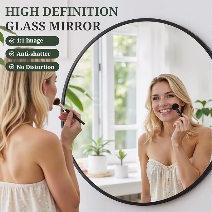 Round Wall Mirror 24 Inch Black Vanity Mirror with Metal Frame, Modern Circle for Bathroom, Entryway, Bedroom, Living Room, Wall Mounted Decorative Mirrors
