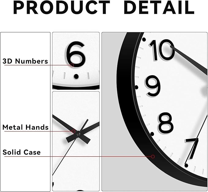 Wall Clock 10 Inch Silent Wall Clocks Battery Operated-Modern Non Ticking Analog Clock Decorative for Kitchen Bedroom Office (Black)