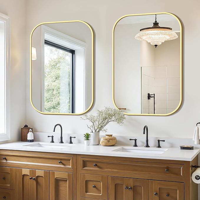 FICTOR Bathroom Vanity Mirror for Wall, 2 Pack 26" x 38" Rectangle Bathroom Mirror for Over Sink, Metal Framed, Hangs Horizontally or Vertically(Gold)