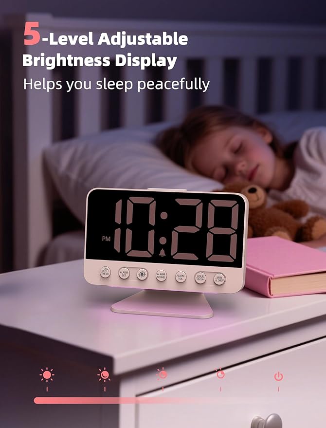 Odokee Digital Alarm Clocks for Bedrooms with Large Bold Number | Pink Alarm Clock with 8 Night Lights & Dimmable Display - Cute Alarm Clock with 5 Sounds for Girls Teens Kids - Sakura Pink - Image 4