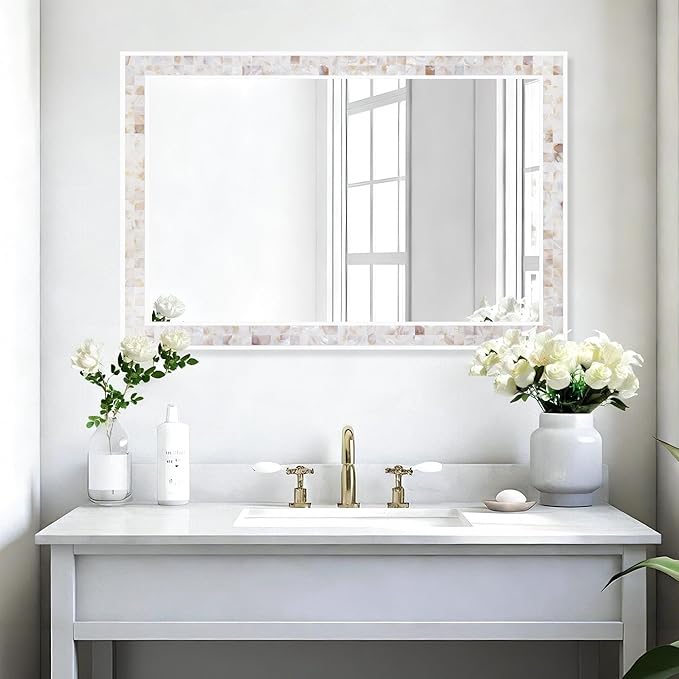 Tanmicoshomy Brown Shell Framed Rectangular Wall Mirrors for Bathroom, 24x36 Inch Mosaic Mirror for Bedroom Living Room or Entryway, Wall Mounted Horizontal or Vertical Hanging