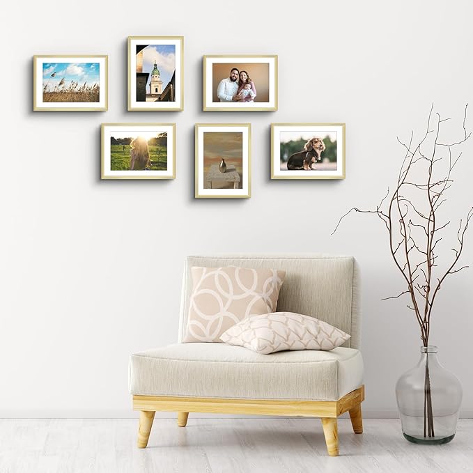 Golden State Art, Gallery Wall Frame Set of 6 - Gold 6x8 Aluminum Photo Frames with Mat for 5x7 Pictures - 6 x 8 inch Metal Frame with Real Glass Cover - Elegant Home or Office Decor