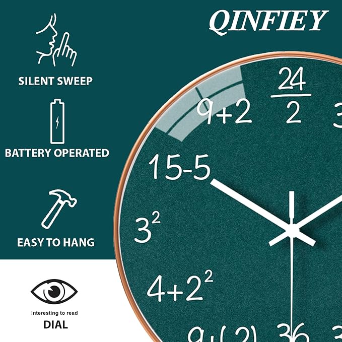 10 Inch Math Wall Clock Silent Non Ticking Movement Quality Quartz Wall Clock for Office Classroom/School/Home/Kitchen/Living Room Wall Decorations (Green)