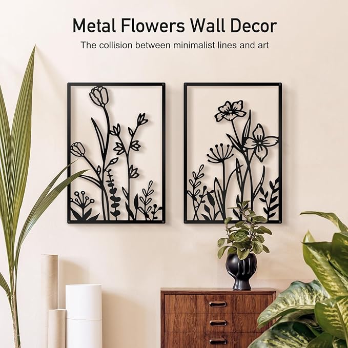 Sokurdeg Black Metal Flowers Wall Decor, Minimalist Floral Metal Wall Hanging Art, Black Abstract Rustic Flower Line Wall Sculptures for Bedroom Bathroom Living Room (4 Pcs, 15.7 x 22.5 in)