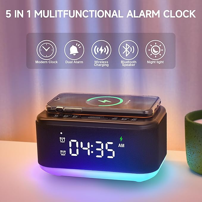 Alarm Clock Speaker Wireless Charger, Digital Alarm Clocks Bedrooms Bluetooth, Alarm Clock Dimmable Light Bedrooms Dual Alarm Snooze Dimmer 12 24H RGB Night Light Bluetooth USB AUX, Black - Image 2