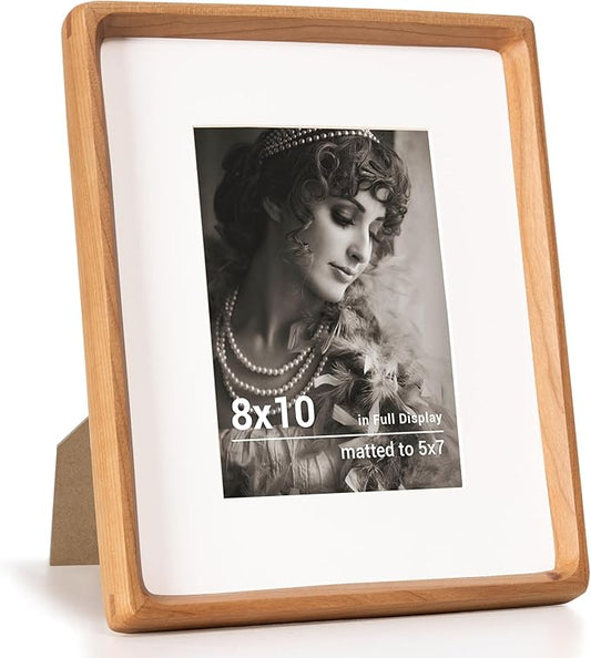 Fun Memories 8x10 Picture Frame, USA-Sourced Cherry Wood Photo Frames with HD Tempered Glass, Handcrafted Rounded Corner 8 x 10 Wooden Frames Matted to 5x7 Photos, 8x10 Frame, Tabletop or Wall Display