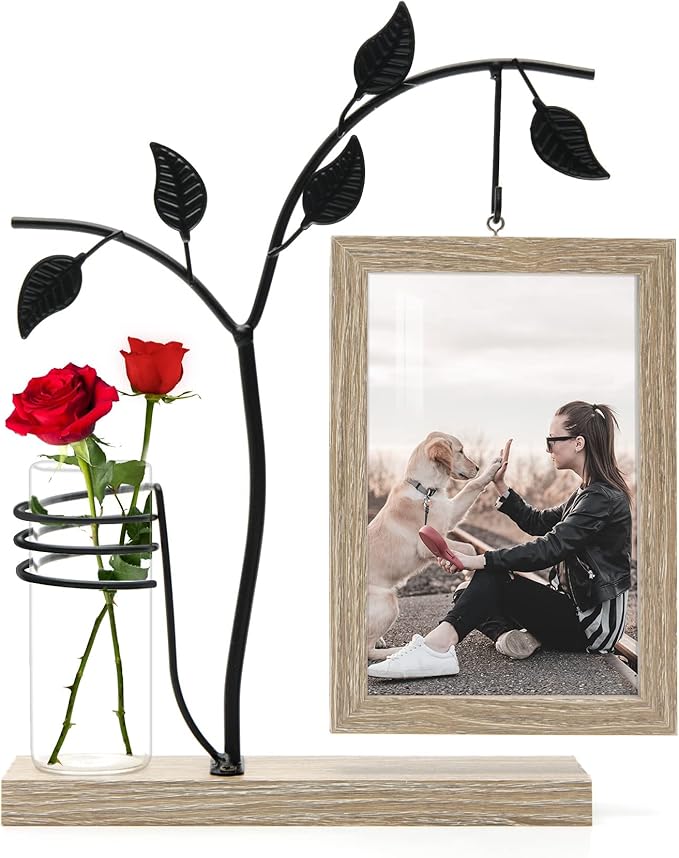 Sapowerntus 4x6 Picture Frames, Rustic Family Desk Photo Frame, Flowers Plants Floating Double-Sided Glass Vase Office Tabletop Standing Decor, Mother Wedding Cute Dog Unique Gift