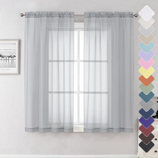 Lecloud Light Grey Sheer Curtains 63 Inch Length 2 Panels, Light Filtering Solid Voile Living Room Silver Gray Curtain & Panel, Dual Rod Pockets Gauzy Window Kitchen Bedroom Drapes, 40X63 Inches