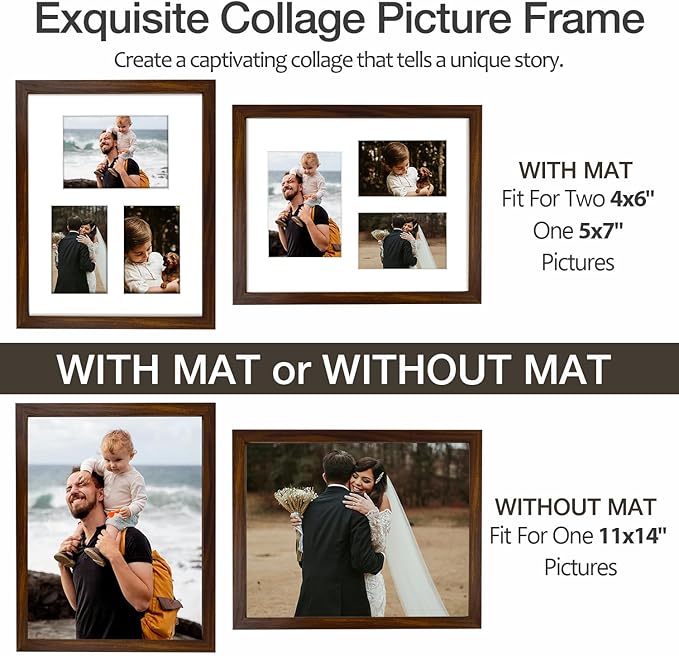 11x14 Brown Wood Picture Frame - White Mat for 5x7 and 4x6 Photos - Real Glass, Sawtooth Hanger, Swivel Tabs - Wall Mounting - Great for Posters, Weddings, and Engagements