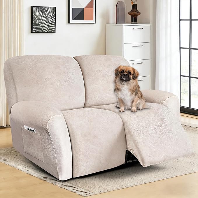 ANARACHON Loveseat Recliner Cover Leather Look Recliner Loveseat Covers Recliner Sofa Cover for 2 Seater Reclining Couch Spandex Fabric Washable 6 Pieces (2 Seater, 02 Beige)