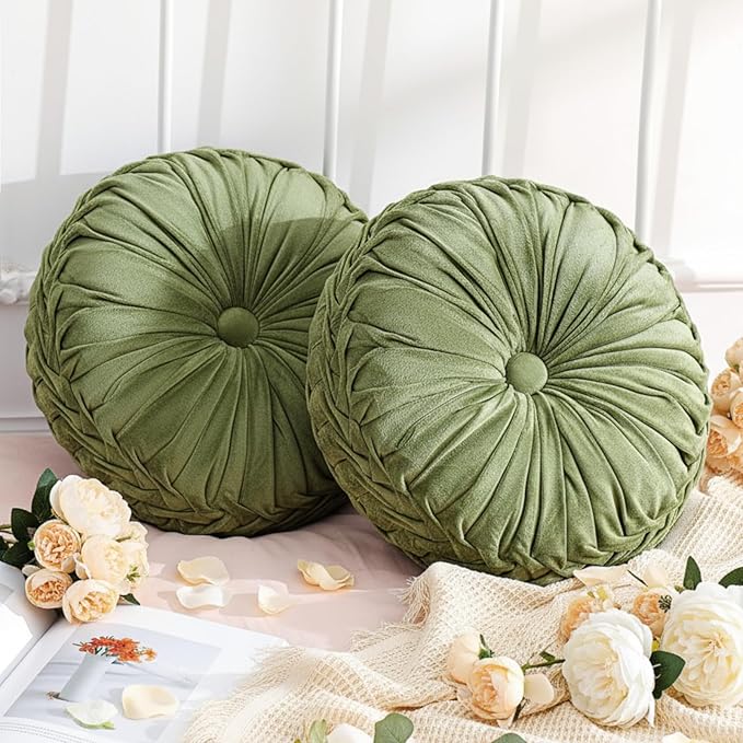 Drydiet 2 Pcs Round Throw Velvet Pillows Decorative Pleated Throw Pillows 15'' Diameter Accent Pumpkin Boho Chair Cushion for Couch Sofa Home Decoration (Olive Green)