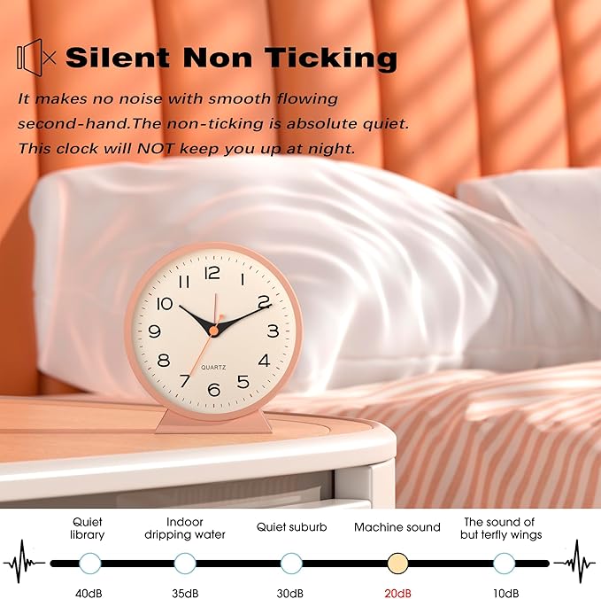 AYRELY?? 4.5" Analog Alarm Clock,Small Retro Desk Clock Battery Operated,Slient Metal Table Clock with Light for Living Room Decor,Bedroom,Bedside,Shelf(Light Pink)