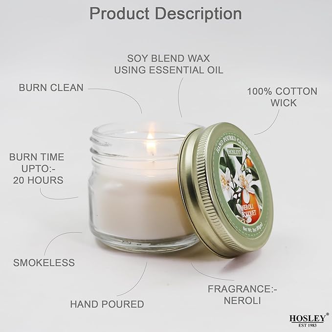 Hosley Jar Candle Neroli Scented Classic 3oz Clear Glass Jar Single Wick Candle, Over Upto 20 Hours of Burn Time, Ideal for Creating Relaxing Ambience & Holiday Gifting