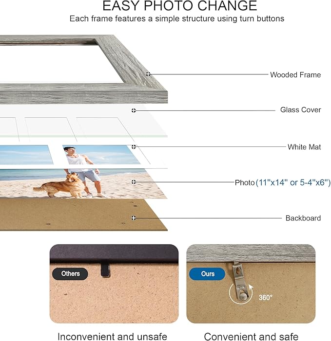 11x14 Picture Frame Set of 2, Grey Wood Frame with Real Glass Collage Picture Frames, Display Pictures Five 4x6 With Mat or 11 x 14 Without Mat, Photo Frames Wall Gallery