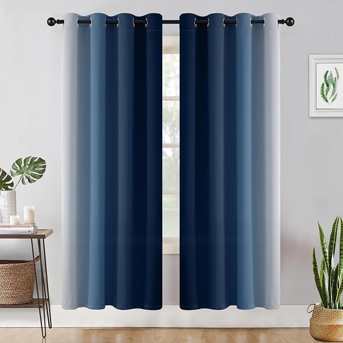 COSVIYA Grommet Ombre Room Darkening Curtains 72 inch Length 2 Panels, Blue and Grayish White Gradient Drapes Light Blocking Insulated Thermal Window Curtains for Bedroom/Living Room,52x72 inches