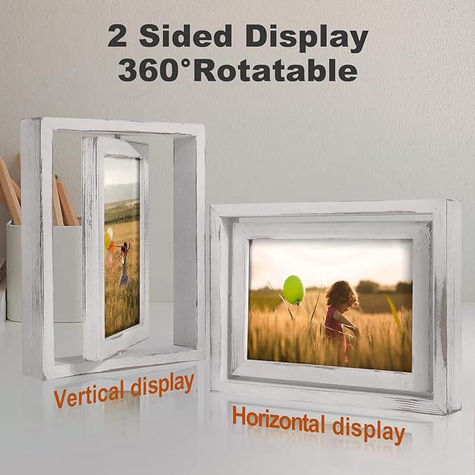 Egofine 2 Pack 4x6 Rotating Floating Picture Frames,Double-Sided Display with HD Glass Front Wooden Distressed Frame for Vertical or Horizontal Tabletop Display, White