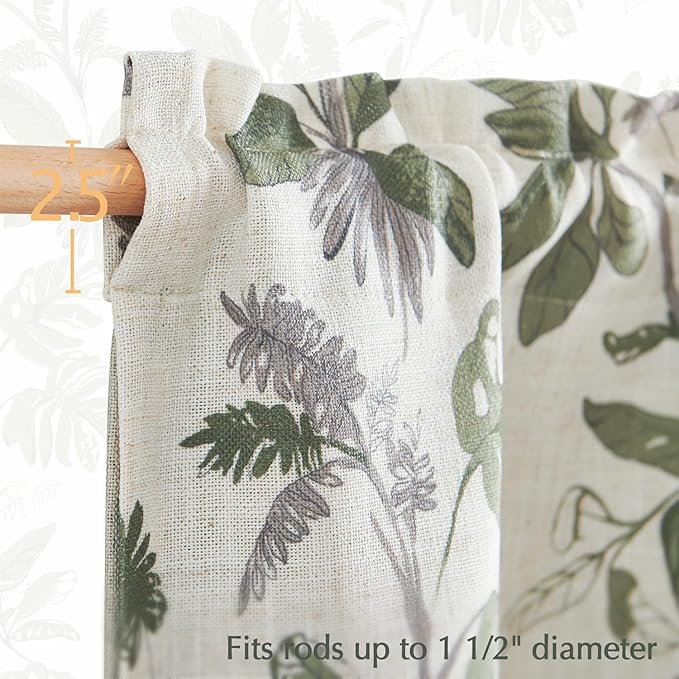 jinchan Linen Valance Double Layer Kitchen Window Curtain Green Leaf on Beige Valance for Living Room Cafe Farmhouse Light Filtering Rustic French Country Curtain 16 Inch Rod Pocket 1 Panel