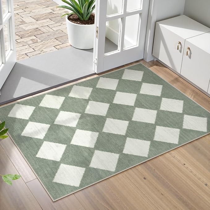Lahome Zelie Checkered Washable 2x3 Green Kitchen Rugs Non Slip, Small Printed Indoor Door Mat for Entryway, Moroccan Trellis Ultra-Thin Throw Carpet for Bedroom Laundry Entrance Decor (2'x3',Green)