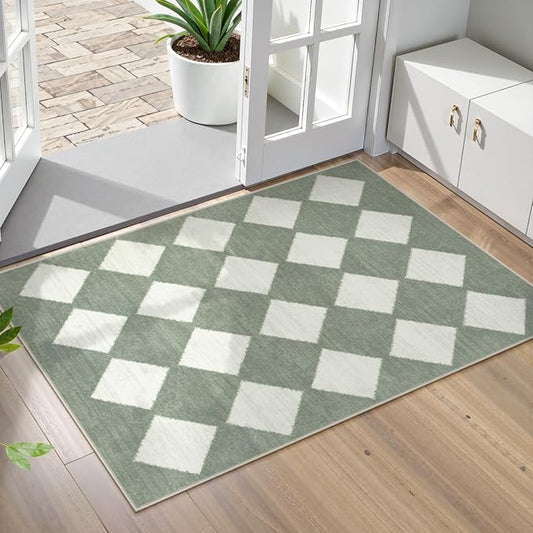 Lahome Zelie Checkered Washable 2x3 Green Kitchen Rugs Non Slip, Small Printed Indoor Door Mat for Entryway, Moroccan Trellis Ultra-Thin Throw Carpet for Bedroom Laundry Entrance Decor (2'x3',Green)