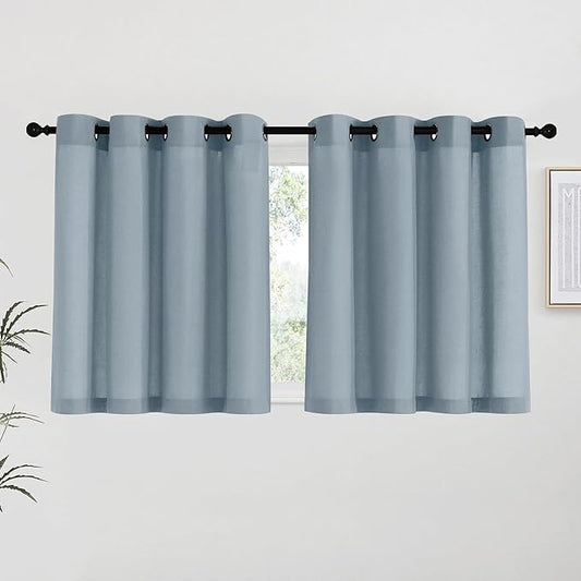 NICETOWN Stone Blue Linen Kitchen Curtains 36 inch Length, Decorative Thick Flax Small Window Treatments Privacy Assured with Light Filtering for Bedroom/Bathroom, W55 x L36, 2 Panels