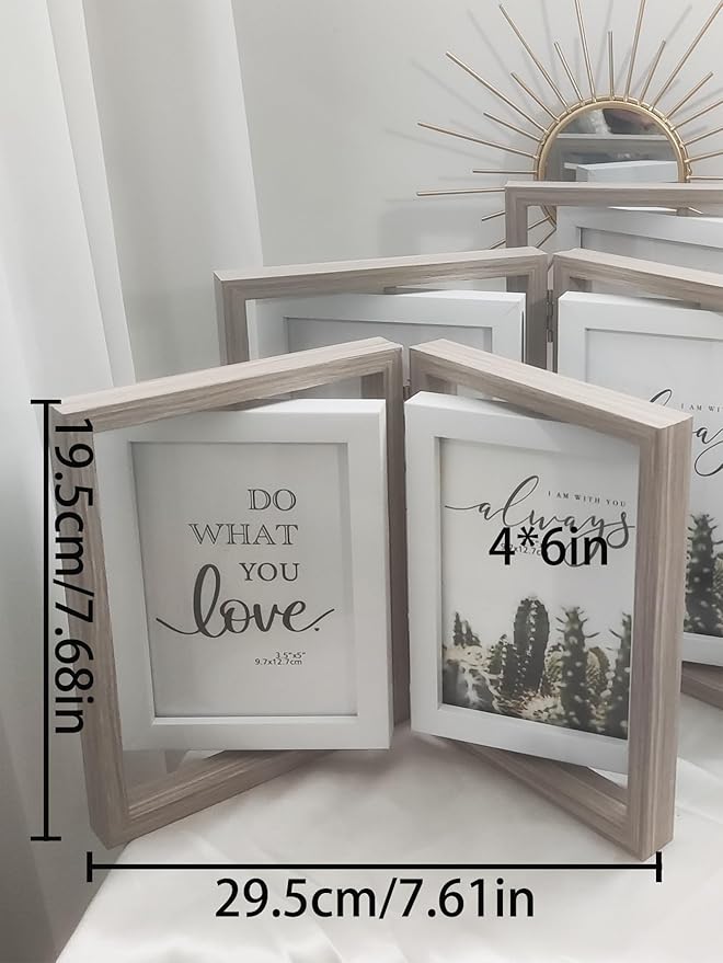 Wooden Hinged Double floating rotating Picture Frame for Photos, 4 * 6 5 * 7 vertical photo Natural Finish (grey color, 4 * 6in)