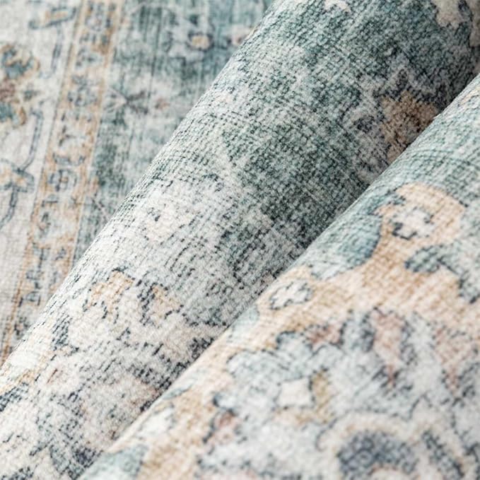6x9 Washable Area Rug for Living Room Bedroom Teal Blue Vintage Distressed Rustic Low Pile Carpet Non-Slip Soft Throw Rug for Indoor Dining Room Office