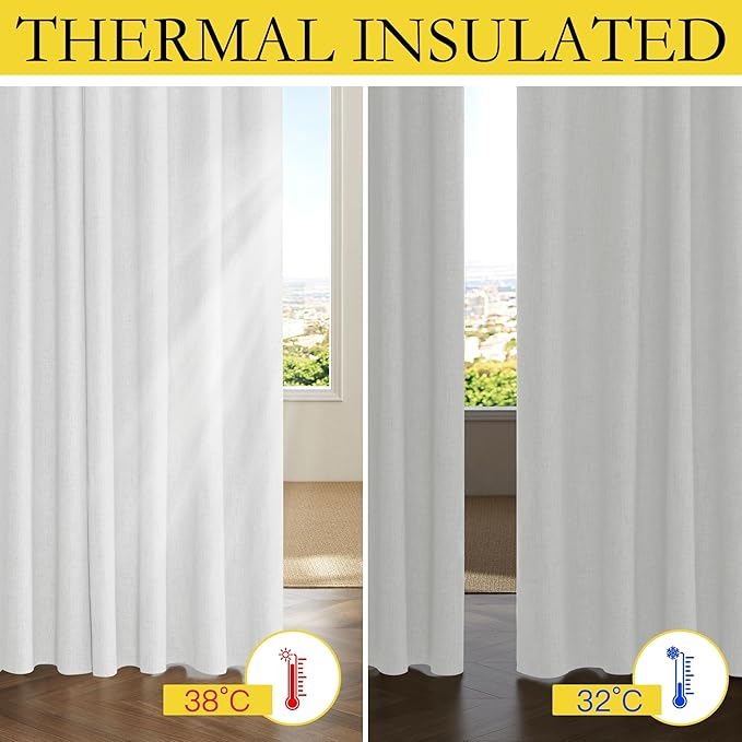 NICETOWN 100% Absolutely Blackout Linen Curtains with Thermal Insulated Liner, Greyish White, 52" Wide, 72" Length Energy Saving Curtains for Living Room 2 Panels Set, Vertical Blinds